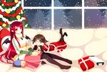  angel_wings aoilio bad_id bad_pixiv_id bat_wings black_legwear brown_hair christmas christmas_tree demon_tail dress gift glasses halo horns long_hair looking_at_viewer multiple_girls original pantyhose pig red_eyes red_hair sack short_hair sitting skirt smile snow sweater tail tree window wings 