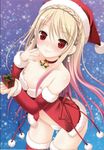  bell bell_collar blonde_hair bulge christmas collar detached_sleeves earrings gift hat jewelry long_hair makita_maki male_focus multicolored_hair nipples otoko_no_ko panties pink_hair pink_panties red_eyes red_legwear santa_costume santa_hat smile snowing snowman snowman_earrings solo thighhighs two-tone_hair underwear waai! 