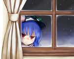  &gt;:( angry blue_hair blush curtains face food frown fruit hat hinanawi_tenshi leaf long_hair nice peach red_eyes snow solo touhou v-shaped_eyebrows window 