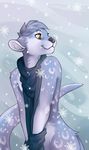  ambiguous_gender blue_fur blue_hair demicoeur feline fur hair male mammal mustelid nude otter scarf smile snow snowing solo winter yellow_eyes 