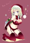  blue_eyes blush box bra breasts character_request christmas cleavage copyright_request elbow_gloves emily_(pure_dream) full_body garter_straps gift gift_box gloves green_hair hat high_heels kneeling large_breasts merry_christmas navel open_mouth panties red_bra red_gloves red_legwear red_panties santa_hat shoes short_hair simple_background solo sparkle thighhighs underwear underwear_only 