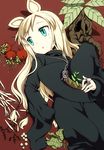  animal_ears aqua_eyes blonde_hair hair_tubes hat ikura_hato jewelry leaf long_hair lying mandragora necklace on_back original pendant plant ring robe shadow solo witch witch_hat 