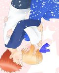  1girl ahoge artoria_pendragon_(all) blonde_hair blush closed_eyes couple emiya_shirou fate/stay_night fate_(series) hair_ribbon hetero highres hug long_sleeves orange_hair raglan_sleeves ribbon saber short_hair skirt smile star upside-down watari_(fakegarden) 