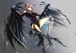  armor bare_shoulders bodysuit boots breasts brown_eyes brown_hair claws covered_navel feathered_wings feathers harpy highres large_breasts monster_girl muso-comet original solo wings 