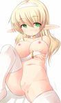  1girl blonde_hair blush breasts collar elbow_gloves elf female gloves green_eyes kourourin long_hair navel nipples nude original pointy_ears pussy smile solo spread_legs thighhighs thighighs uncensored 