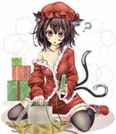  ? animal_ears brown_eyes brown_hair cat_ears cat_tail chen christmas gift hat monikano multiple_tails off_shoulder remote_control_vibrator santa_costume short_hair solo strap_slip tail thighhighs touhou unwrapping vibrator 
