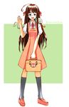  ahoge akamatsu_ken artbook black_legwear briefcase brown_eyes brown_hair chameleon dress freckles glasses hair_ribbon highres huge_ahoge kneehighs long_hair love_hina maeda_ema open_mouth ribbon scan smile solo waving 