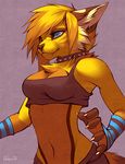  anthro arm_warmers blonde_hair blue_eyes body_markings brown_fur claws clothed clothing collar falvie feline female hair looking_left markings multi-colored_fur shirt short_hair simple_background solo spiked_collar tank_top yellow_fur 