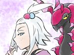  1girl blue_eyes female freckles gym_leader hair_bobbles hair_ornament homika_(pokemon) nintendo pokemon pokemon_(game) pokemon_bw2 scolipede short_hair silver_hair sucking topknot 