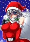  bare_shoulders belt blue_eyes blush braid breasts elbow_gloves gloves hair_ribbon hat highres izayoi_sakuya large_breasts red_gloves ribbon sack santa_costume santa_hat silver_hair solo tajima_yuuki touhou twin_braids 