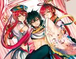  2boys bad_id bad_pixiv_id black_hair braid brother_and_sister brown_eyes hair_ornament hat judal magi_the_labyrinth_of_magic maguchimo multiple_boys navel red_eyes red_hair ren_kougyoku ren_kouha sandwiched siblings topknot 