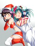  ;p bare_shoulders black_hair blush boots bound breasts carrying christmas cleavage closed_eyes crying deego_(omochi_bazooka) elbow_gloves flying_sweatdrops frog_hair_ornament gift_wrapping gloves green_hair hair_ornament hair_tubes hakurei_reimu hat heart highres in_container in_sack kidnapping kochiya_sanae large_breasts long_hair looking_at_viewer multiple_girls nude one_eye_closed open_mouth purple_eyes red_gloves ribbon sack santa_costume santa_hat short_hair skirt smile snake_hair_ornament sweatdrop tears thighhighs tied_up tongue tongue_out touhou white_legwear 