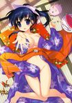  :d barefoot blue_eyes blue_hair breasts cleavage food from_above fruit fujima_takuya highres japanese_clothes kimono legs lying medium_breasts musen_ran navel no_bra no_panties on_back open_clothes open_kimono open_mouth origami outstretched_hand paper_crane ponytail r-15 smile solo tatami watermelon 