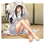  akamatsu_ken aoyama_motoko barefoot black_eyes black_hair blush colorized crossed_ankles fusuma long_hair love_hina mathias_leth naked_shirt shirt sliding_doors tama_(love_hina) tatami towel turtle wet wet_hair 