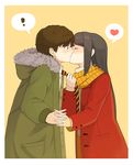  1boy 1girl assertive bad_id bad_pixiv_id bangs black_hair blush brown_hair closed_eyes coat couple face-to-face fingernails flat_chest from_side green_coat heart hetero holding_hands hood hood_down hooded_coat hwansang interlocked_fingers kiss long_hair long_sleeves looking_at_another necktie necktie_grab neckwear_grab open_clothes open_coat original pocket red_coat ribbed_sweater short_hair simple_background speech_bubble spoken_exclamation_mark spoken_heart striped striped_neckwear surprised sweater turtleneck unbuttoned upper_body white_sweater yellow_background 