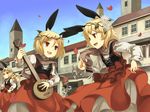  animal_ears bad_id bad_pixiv_id blonde_hair blue_sky bunny_ears day flute head_wreath ikura_hato instrument long_hair multiple_girls music open_mouth original petals plant playing_instrument red_eyes scarf short_hair sky smile town 