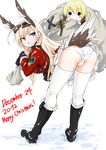  ammunition ass bad_id bad_pixiv_id bird_tail black_gloves blonde_hair blue_eyes blush blush_stickers boots brown_hair christmas dakku_(ogitsune) erica_hartmann fur_coat gloves goggles goggles_on_head hanna-justina_marseille head_wings long_hair merry_christmas multiple_girls open_mouth panties sack skirt strike_witches tail thighhighs underwear white_legwear white_panties world_witches_series 