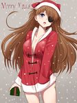  blue_eyes blush bottomless breasts brown_hair christmas cleavage evangelion:_3.0_you_can_(not)_redo eyepatch gift hand_in_pocket hat large_breasts long_hair merry_christmas neon_genesis_evangelion niwatori_kokezou rebuild_of_evangelion santa_costume santa_hat shikinami_asuka_langley smile solo souryuu_asuka_langley 