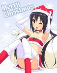  animal_hat armpits black_hair brown_eyes christmas elbow_gloves gloves hat highres k-on! k10k long_hair midriff nakano_azusa one_eye_closed santa_costume solo strapless thighhighs tubetop twintails white_gloves 
