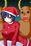  animal_costume antlers blue_eyes blue_hair breasts hat highres impossible_clothes impossible_shirt large_breasts nishi_koutarou open_mouth original reindeer_costume sack santa_costume santa_hat shirt smile 