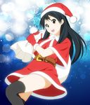  akane_(fukuoka_katsumi) belt black_hair black_legwear brown_eyes fukuoka_katsumi gloves hat long_hair original sack santa_costume santa_hat solo thighhighs 