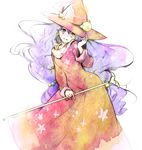  blue_eyes dress grey_eyes hat heterochromia holding holding_wand long_hair low-tied_long_hair minaminamina monster_maker purple_hair red_dress rufia_(monster_maker) smile solo staff wand white_background witch_hat 