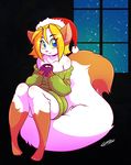  black_background blonde_hair blue_eyes cat cat_ears cat_tail chalo christmas cocoa_(drink) feline female hair hat holidays las_lindas looking_at_viewer mammal plain_background santa_hat sarah_silkie snow solo sweater window 