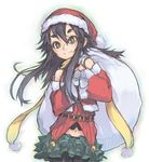  bare_shoulders black_hair hat navel nike_(smaaaash) original pantyhose santa_costume santa_hat shenwu_(nike) skirt solo yellow_eyes 