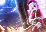  animal_ears bow catgirl christmas city clouds hat long_hair moon night original pink_hair ribbons snow stockings syroh tail yellow_eyes 