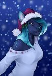  blue_fur blue_hair christmas demicoeur ear_piercing feline female fur hair hat holidays mammal nix outside panther piercing santa_hat snow snowing solo winter 