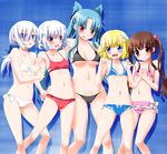  bad_id bad_pixiv_id bikini blonde_hair blue_eyes blush brown_eyes brown_hair green_hair highres long_hair multiple_girls noto_(soranoto) original red_eyes shiny shiny_skin short_hair strap_gap swimsuit tongue twintails white_hair 