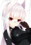  adjusting_eyewear animal_ears blush breasts glasses gloves heidimarie_w_schnaufer highres hirschgeweih_antennas lips long_hair looking_at_viewer medium_breasts military military_uniform red_eyes shokuyou_mogura smile solo strike_witches uniform white_hair world_witches_series 