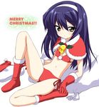  bad_id bad_pixiv_id bag bangs bell bikini black_hair brown_eyes capelet christmas derivative_work english flat_chest girls_und_panzer gloves gofu hairband hat highres jingle_bell long_hair looking_at_viewer lying merry_christmas navel on_back red_bikini red_capelet red_gloves reizei_mako santa_costume santa_hat side-tie_bikini solo swimsuit take_shinobu white_background 