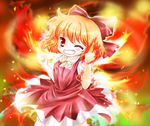  achi_cirno alternate_color alternate_element cirno clenched_hands clenched_teeth dress light_particles looking_at_viewer one_eye_closed orange_hair red_eyes ribbon solo teeth touhou tsukiori_sasa 