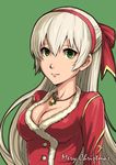  alternate_costume bow breasts christmas cleavage eiyuu_densetsu elie_macdowell green_background green_eyes hair_bow hairband half_updo haoni highres jacket long_hair medium_breasts merry_christmas solo white_hair zero_no_kiseki 