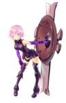  1girl armored_boots armored_leotard bent_over black_leotard boots breasts breasts_apart elbow_gloves fate/grand_order fate_(series) full_body gloves hair_over_one_eye hand_on_own_knee high_heel_boots high_heels holding_shield leotard mash_kyrielight medium_breasts noriccho! pink_eyes pink_hair purple_gloves shield shiny shiny_hair shiny_skin short_hair simple_background smile solo standing thigh_boots thighhighs white_background 