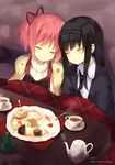  akemi_homura argyle artist_name black_hair cake closed_eyes cup food hair_ribbon hairband head_rest heart heart_print kaname_madoka kotatsu kyuri leaning_on_person long_hair mahou_shoujo_madoka_magica multiple_girls necktie pink_hair plaid ribbon saucer short_twintails sleeping smile table tea teacup teapot twintails watermark web_address 