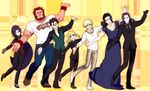  5boys ahoge artoria_pendragon_(all) assassin_(fate/zero) bad_id bad_pixiv_id beard berserker_(fate/zero) black_hair blonde_hair carnival_phantasm caster_(fate/zero) clothes_writing danbi2021 dancing earrings facial_hair fate/zero fate_(series) female_assassin_(fate/zero) formal gilgamesh green_eyes hoop_earrings jewelry lancelot_(fate/zero) lancer_(fate/zero) long_hair mask mole multiple_boys multiple_girls necklace pant_suit parody ponytail purple_hair red_hair rider_(fate/zero) robe saber shirt skeleton_mask snakeskin_print suit super_affection t-shirt yellow_eyes 