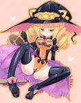  basket black_gloves black_legwear blonde_hair blue_eyes blush boots breasts broom capelet covered_nipples drill_hair gloves hat heart highres homura_subaru jack-o'-lantern long_hair medium_breasts navel original pink_background see-through smile solo spread_legs star thigh_boots thighhighs witch_hat 