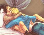  axis_powers_hetalia blonde_hair blush brown_hair france_(hetalia) hug male_focus multiple_boys on_bed pants_down pillow piyo_(rvr) smile spain_(hetalia) yaoi 