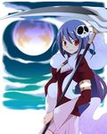  full_moon hair_ornament haqua_d'rot_herminium haqua_du_lot_herminium highres kami_nomi_zo_shiru_sekai moon red_eyes scarf scythe skull skull_hair_ornament solo wakaki_tamiki 