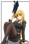  axe bardiche blonde_hair crotch_seam fate_testarossa fuuma_nagi highres long_hair lyrical_nanoha mahou_shoujo_lyrical_nanoha_strikers military military_uniform one_eye_closed panties panties_under_pantyhose pantyhose pencil_skirt red_eyes skirt solo thighband_pantyhose tsab_executive_military_uniform underwear uniform weapon 