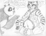  bear black_and_white bottomless claws clothed clothing duo feline female half-dressed kung_fu_panda leovictor leovictor64 male mammal master_tigress monochrome open_mouth panda po pointing pregnant tiger traditional_media 
