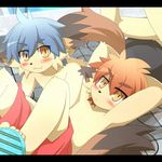  2boys :3 blush cat child eyebrows furry looking_at_viewer luke_(pixiv_453536) lying male male_focus multiple_boys orange_eyes shorts shota topless yellow_eyes young 