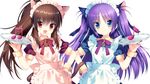  :d animal_ears apron bad_id bad_pixiv_id beamed_eighth_notes blue_eyes brown_eyes brown_hair cat_ears eighth_note fang highres kemonomimi_mode little_busters! long_hair looking_at_viewer maid maid_headdress multiple_girls musical_note natsume_rin open_mouth purple_hair sakura_neko sasasegawa_sasami sidelocks smile tray treble_clef two_side_up wallpaper wrist_cuffs 