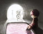  =_= bangs bicycle cave chibi ground_vehicle long_sleeves madotsuki miniskirt mousariababa on_ground shadow sitting skirt soaking_feet solo_focus water yume_nikki 