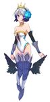  alternate_costume armor bare_shoulders blush breasts cameltoe choker cleavage crown elbow_gloves flower gloves greaves gwendolyn hair_flower hair_ornament leotard medium_breasts odin_sphere purple_eyes short_hair silver_hair slender_waist smile solo strapless thigh_gap thighhighs tusia vambraces white_leotard wings 