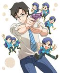  akabane_kenji black_hair blue_hair glasses go-gyan-sun guido_mista gun highres idolmaster idolmaster_(classic) imai_asami jojo_no_kimyou_na_bouken kisaragi_chihaya necktie producer_(idolmaster_anime) seiyuu_connection sex_pistols_(stand) weapon 