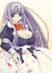  blue_eyes bow bowtie breasts cleavage copyright_request hotori_(sion) huge_breasts long_hair maid petals purple_hair ribbon smile solo 