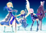  3girls ahoge armor armored_boots armored_dress armored_leotard artoria_pendragon_(all) banner bent_over black_legwear black_leotard blonde_hair blue_dress blue_eyes blue_ribbon blue_sky boots braid braided_ponytail breasts breasts_apart dress elbow_gloves eyebrows_visible_through_hair fate_(series) faulds full_body gauntlets gloves hair_over_one_eye hair_ribbon hand_on_own_knee hands_on_hilt headpiece holding holding_shield jeanne_d&#039;arc_(fate) jeanne_d&#039;arc_(fate)_(all) jeanne_d'arc_(fate) jeanne_d'arc_(fate)_(all) leotard long_hair looking_at_viewer mash_kyrielight medium_breasts multiple_girls noriccho! outdoors pink_eyes pink_hair pixiv_fate/grand_order_contest_2 purple_gloves ribbon saber sheath sheathed shield shiny shiny_hair short_hair single_braid sky standing sword thigh_boots thighhighs very_long_hair weapon 